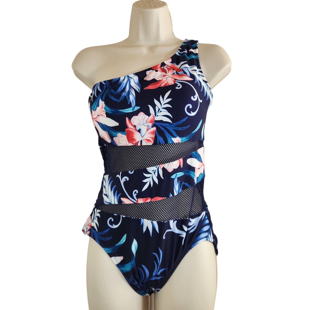 Carmen Marc Valvo One Shoulder Floral Mesh Swimsuit Navy Blue One Piece Size 8